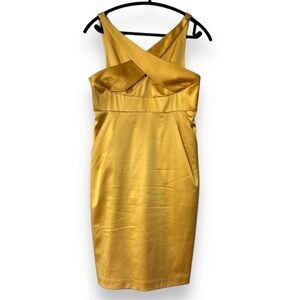 Marc Bouwer Yellow Gold Silk Criss Cross Bodice V Neck Sheath Cocktail Dress